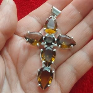 Elegant Silver and Brown Gemstone Cross Necklace